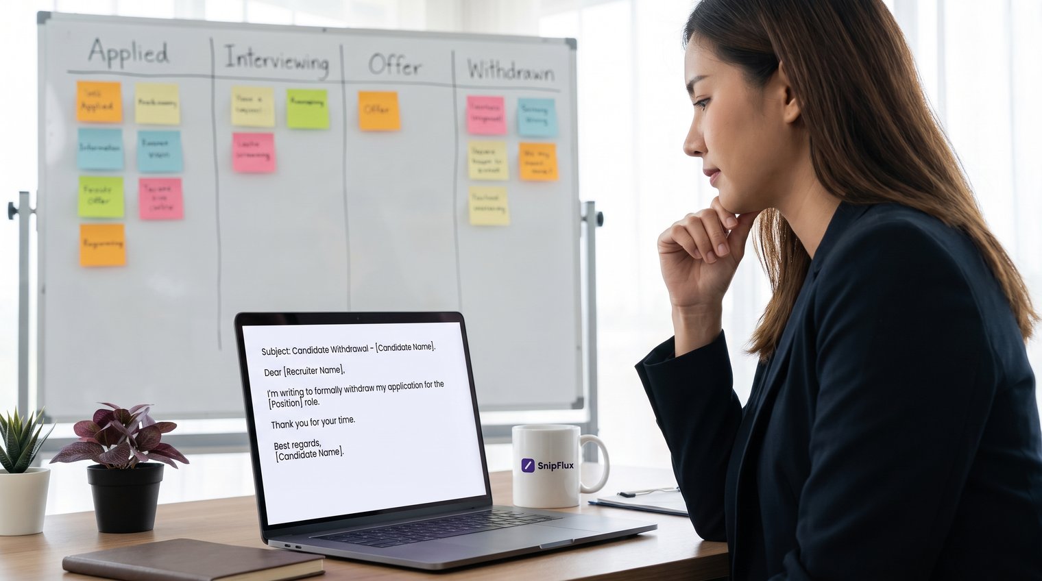 A recruiter reviewing a concise candidate withdrawal email beside a hiring pipeline board, professional office setting