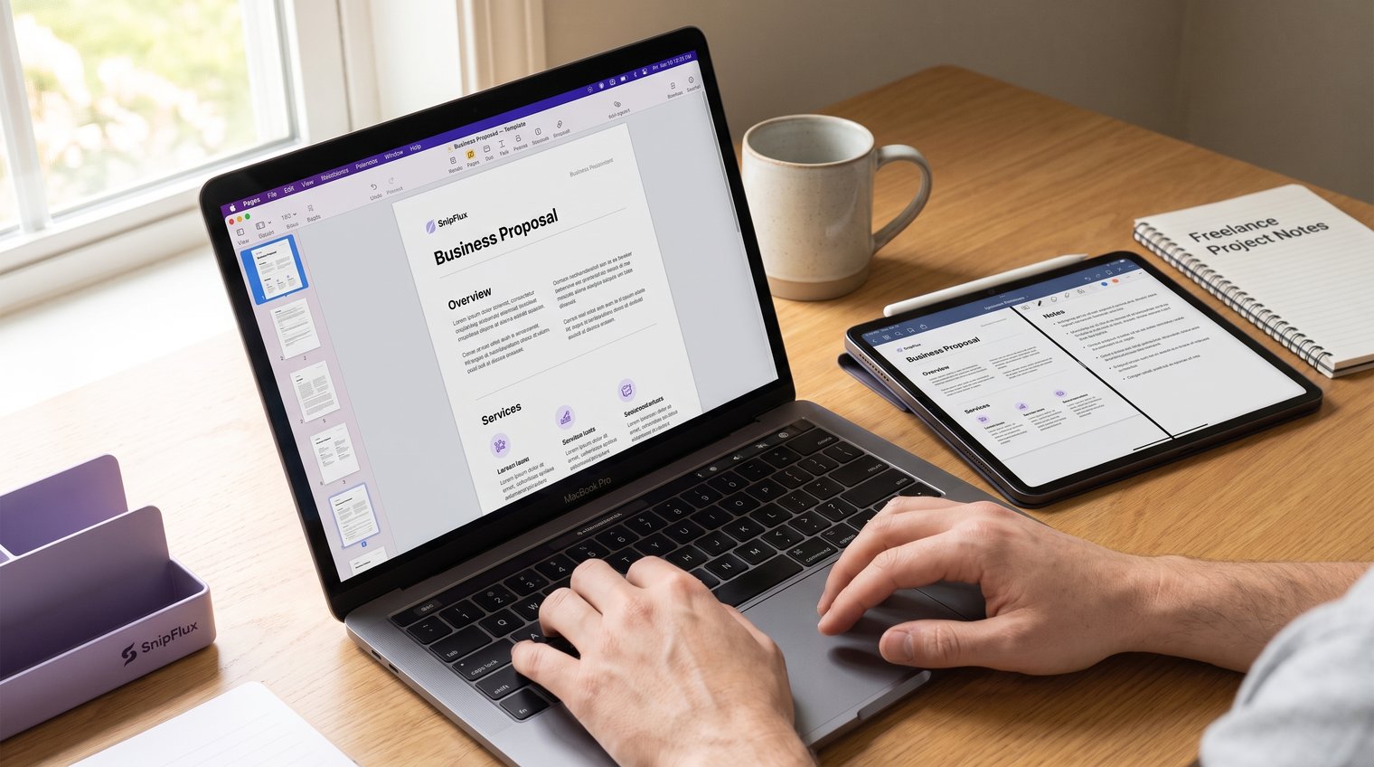 A remote professional reviewing a clean document template on a MacBook and iPad, with subtle support and freelance work context