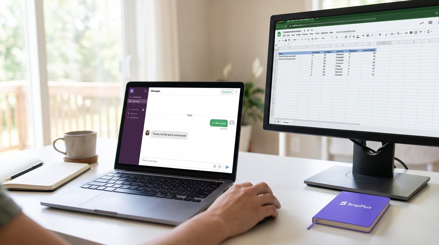 A remote support, sales, and operations team coordinating an urgent request across shared tools, with a visible handoff from customer message to completed response