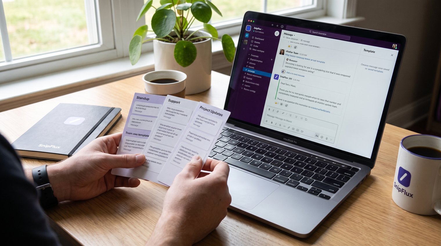A remote team member organizing concise reusable message cards beside an active Slack workspace, with categories for standup, support, and project updates