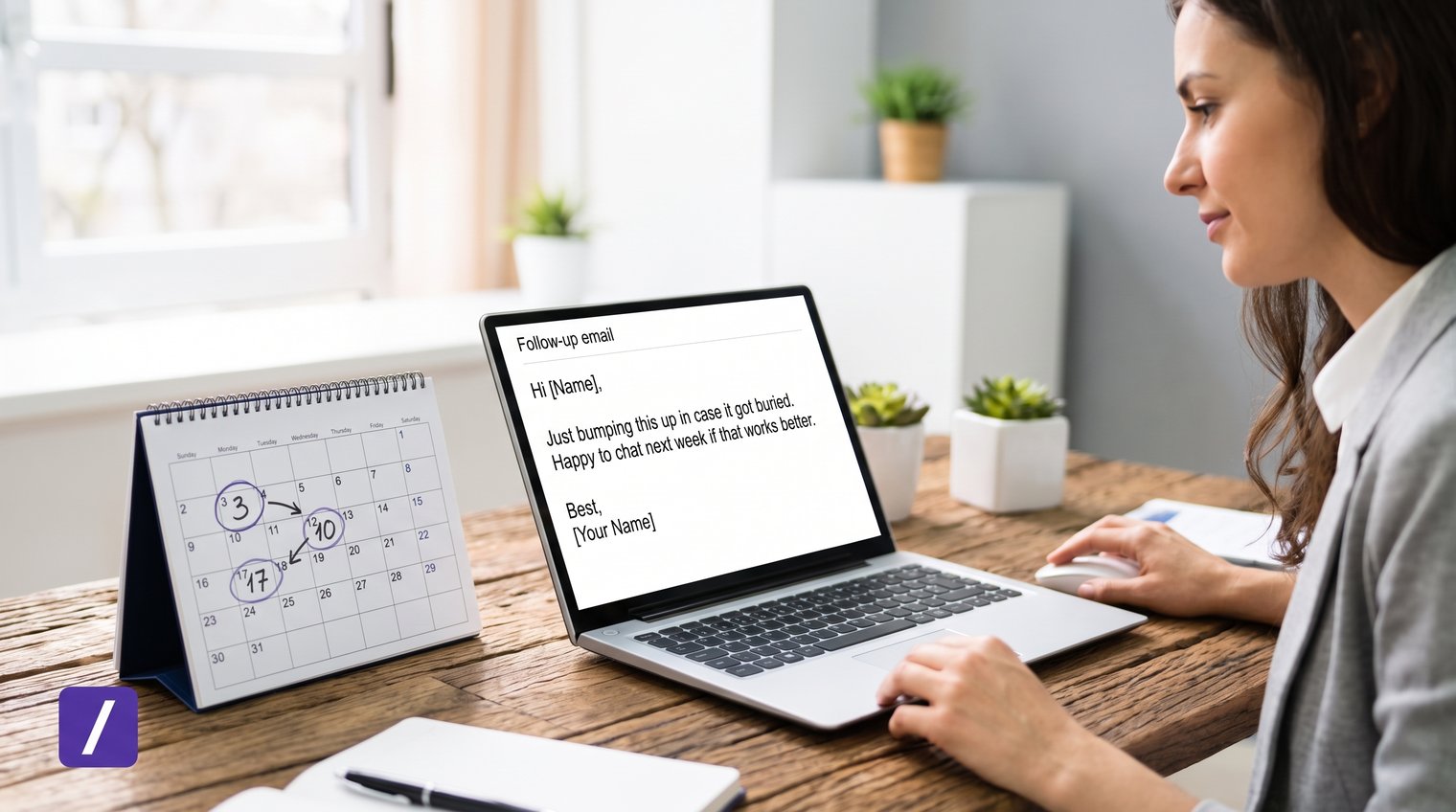 A sales professional reviewing a short follow-up email beside a calendar with a few spaced follow-up dates, calm modern office setting