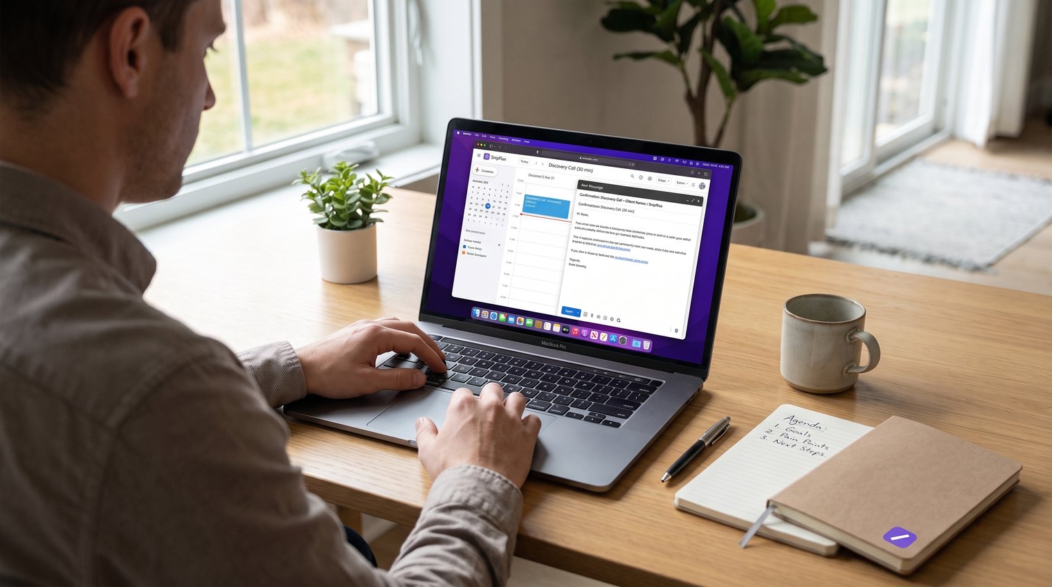 A sales professional reviewing a concise meeting agenda and calendar invitation on a laptop before a video discovery call, realistic editorial photography, clean desk, natural light