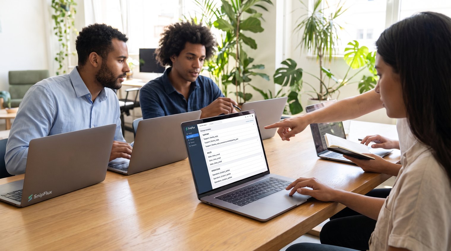 A small cross-functional team reviewing a shared set of message templates on laptops, with clear categories for support, sales, and operations