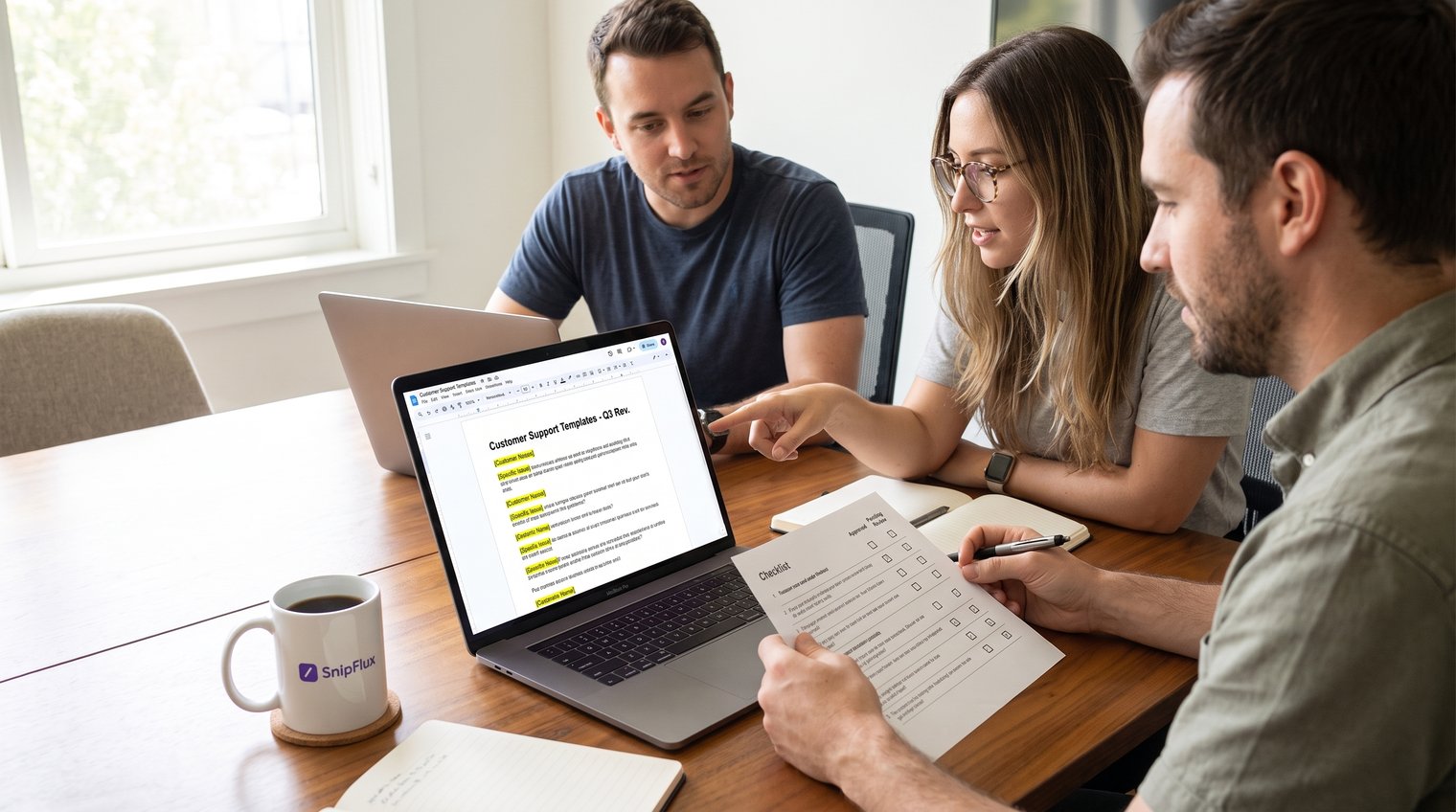 A small support team reviewing reusable response templates with highlighted placeholders and an approval checklist | editorial illustration