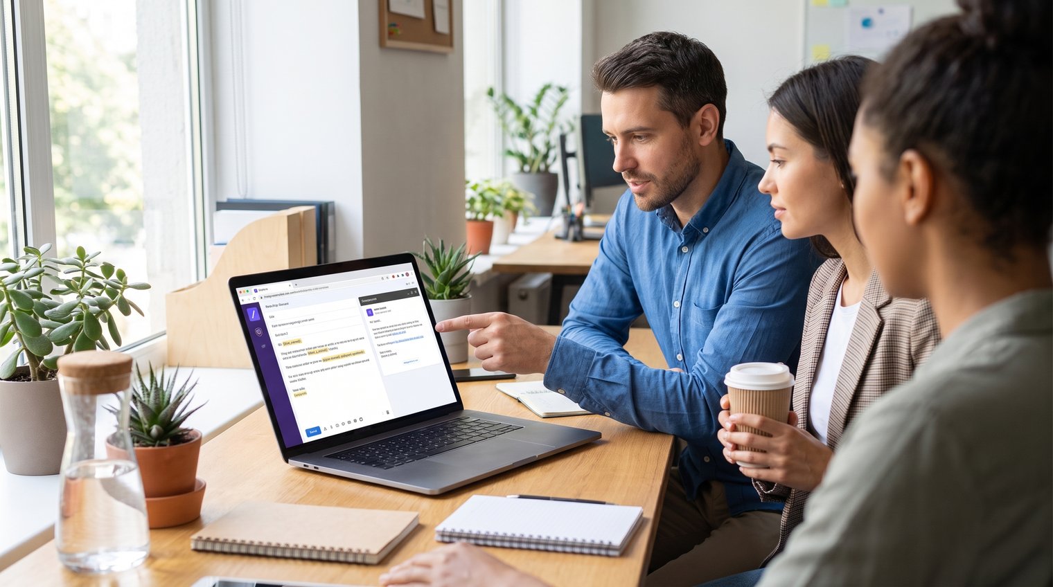 A small team reviewing a message template in a browser and email client, checking links, placeholders, and formatting before approval