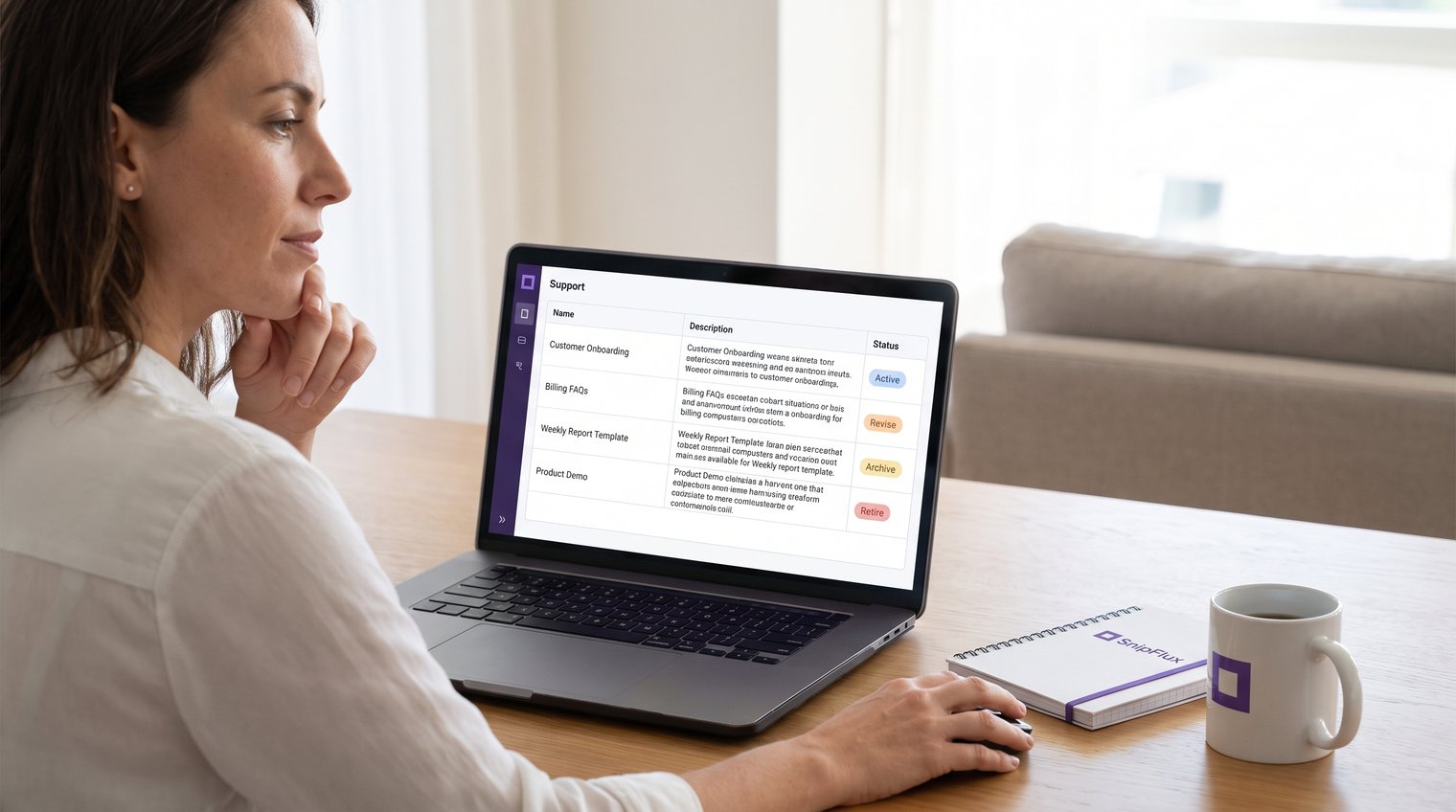 A support or operations teammate reviewing a tidy snippet inventory on a laptop, with clearly marked active, revise, archive, and retire statuses
