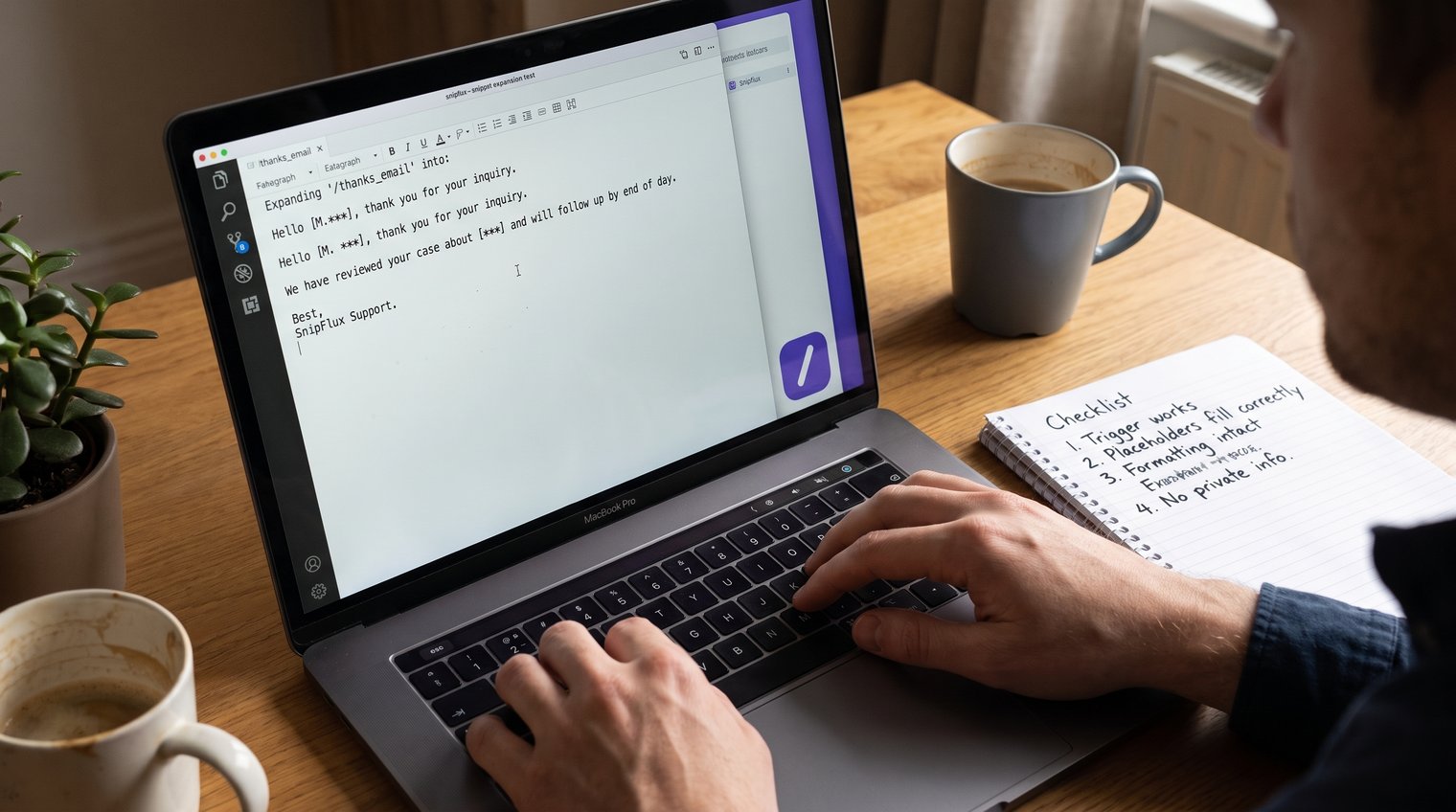 A support or operations teammate testing a reusable response template on a laptop, with a simple checklist and masked sample data visible