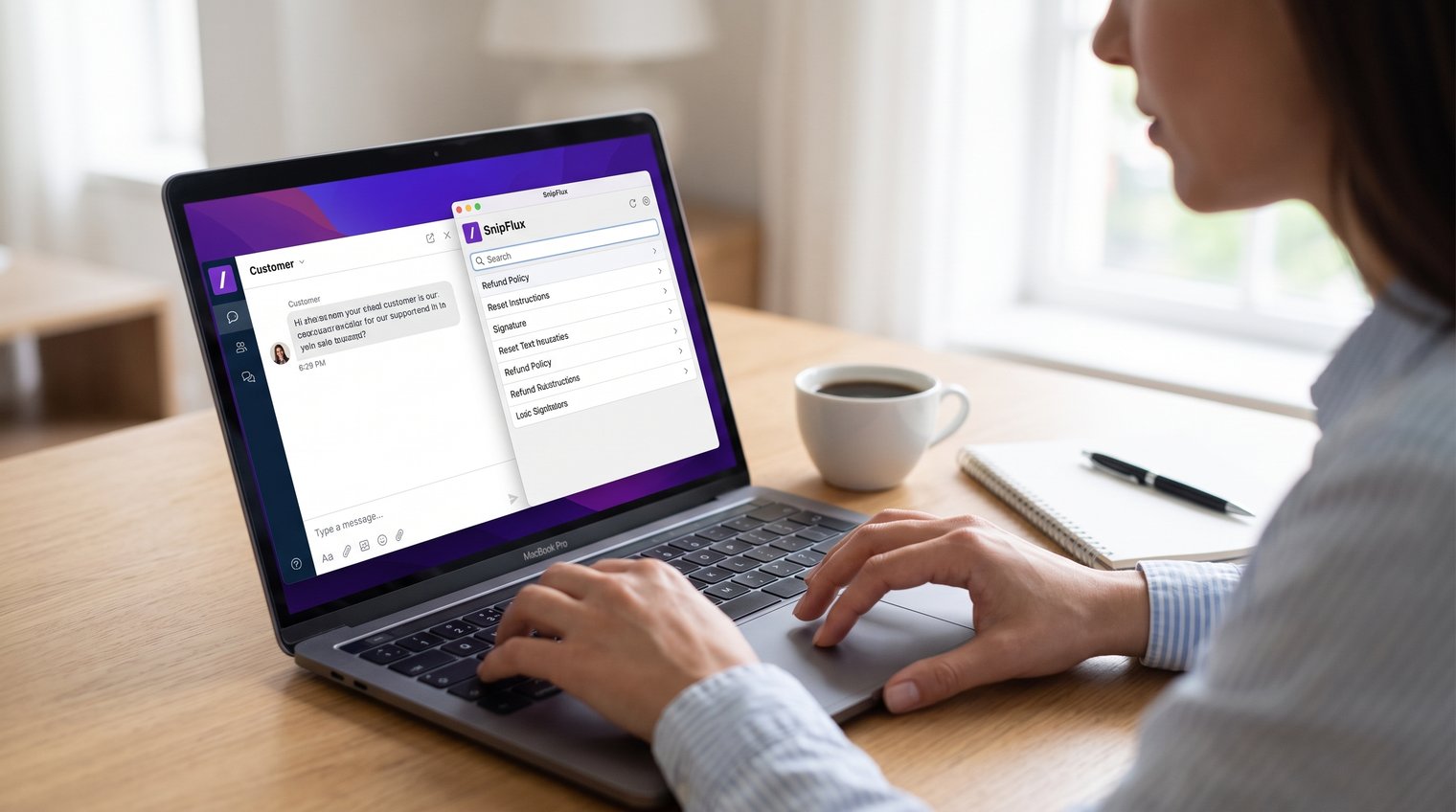 A support professional switching between customer messages and a compact library of reusable reply snippets on a laptop | editorial illustration