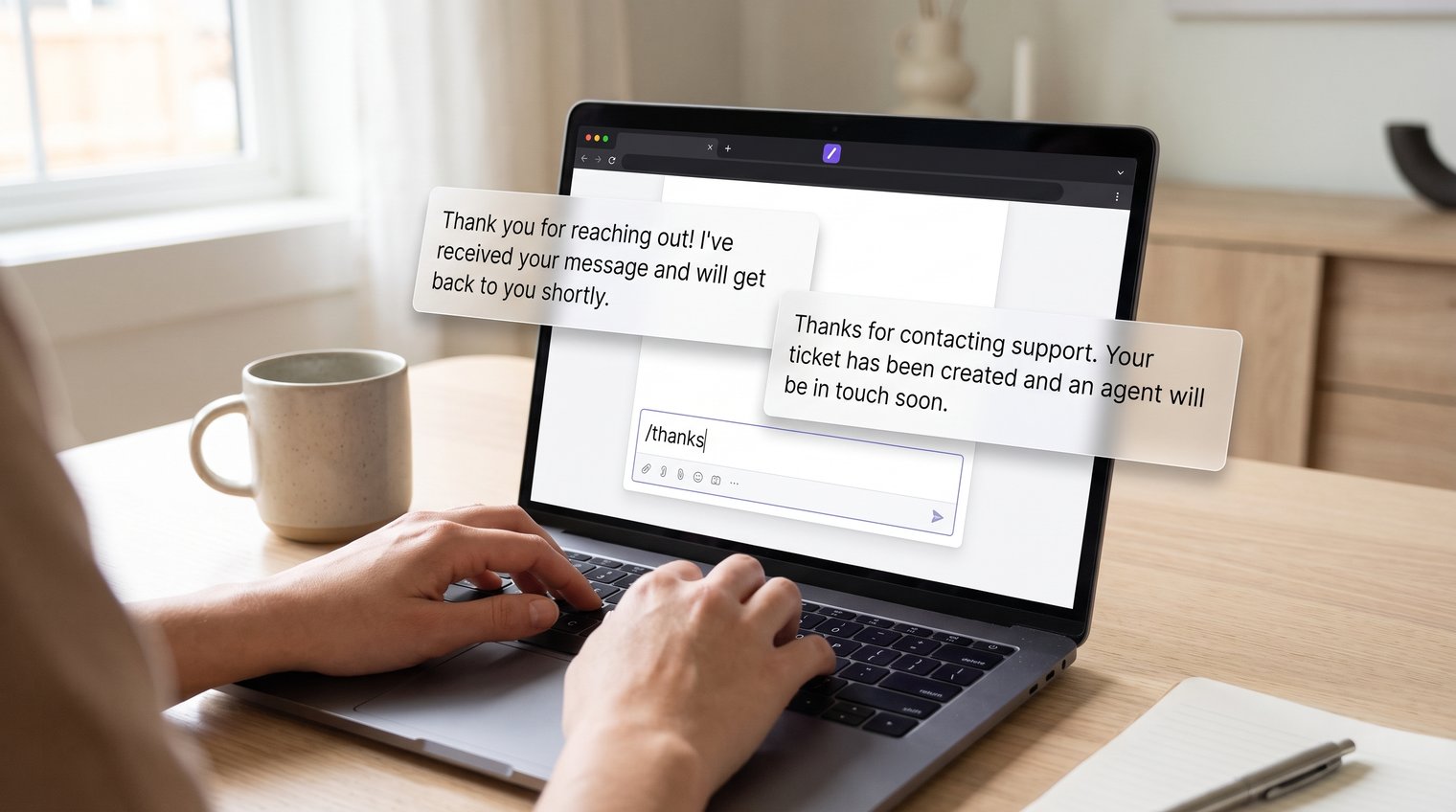 A support professional typing a short shortcut into a browser message field while two overlapping saved text snippets appear as subtle interface overlays