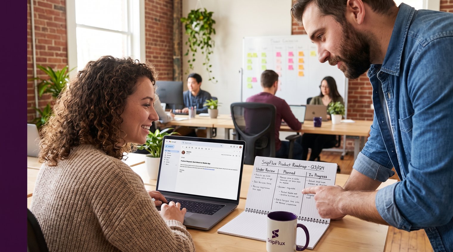 A support specialist reviewing a customer feature request alongside a product roadmap, with a warm, collaborative SaaS help desk setting