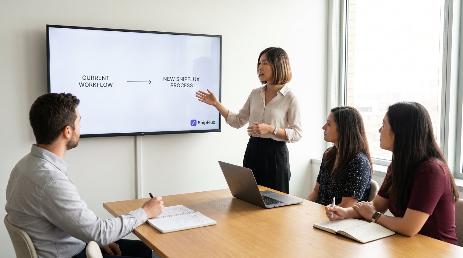 A team lead presenting a simple before-and-after workflow to a small cross-functional group, with a shared process document visible on a screen