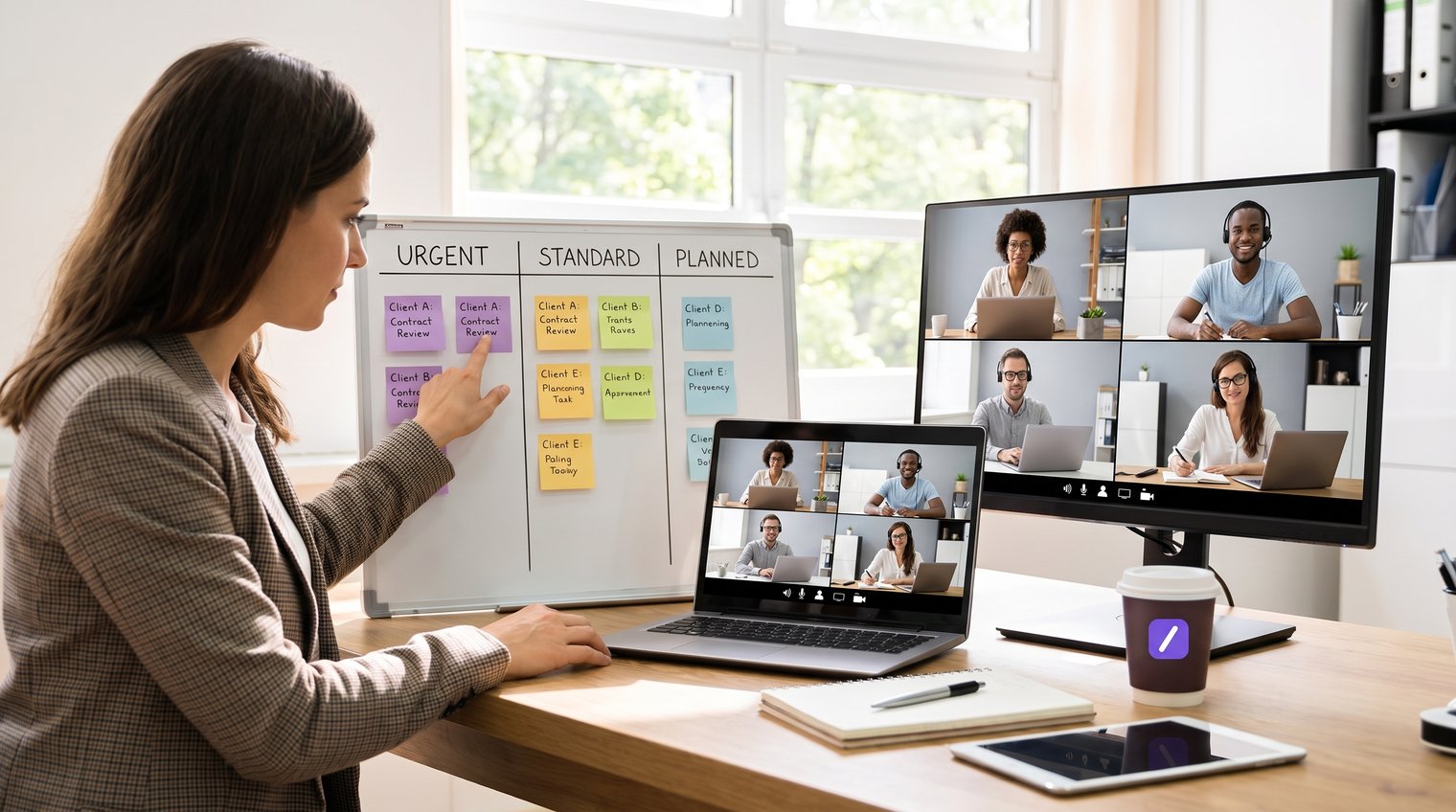 A team lead reviewing a concise priority board with urgent, standard, and planned work lanes while remote teammates handle assigned requests