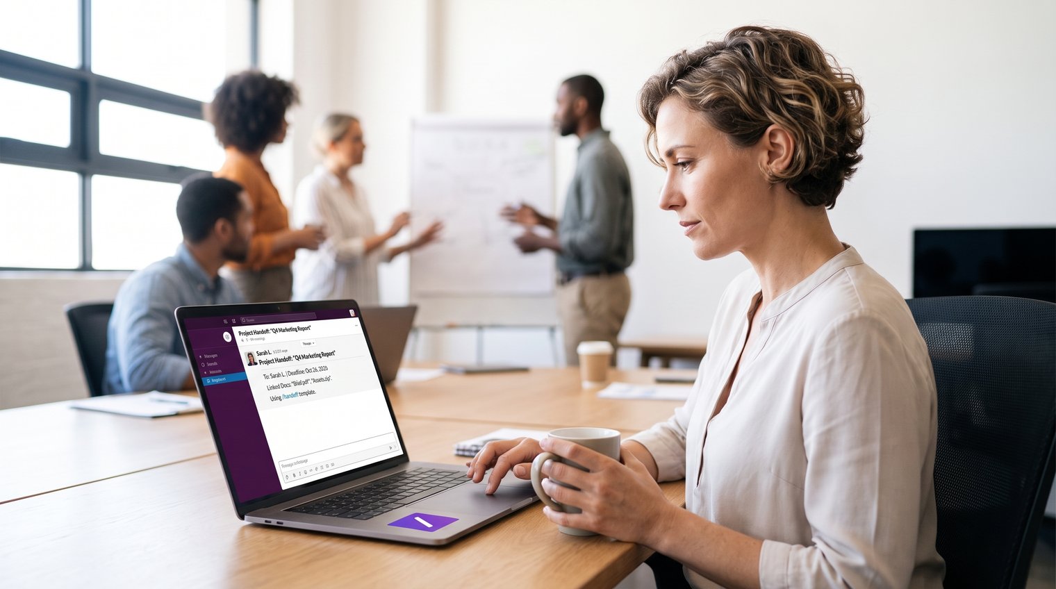 A teammate reviewing a concise project handoff in a shared workspace, with a clear owner, deadline, and linked project documents visible, realistic editorial workplace photography