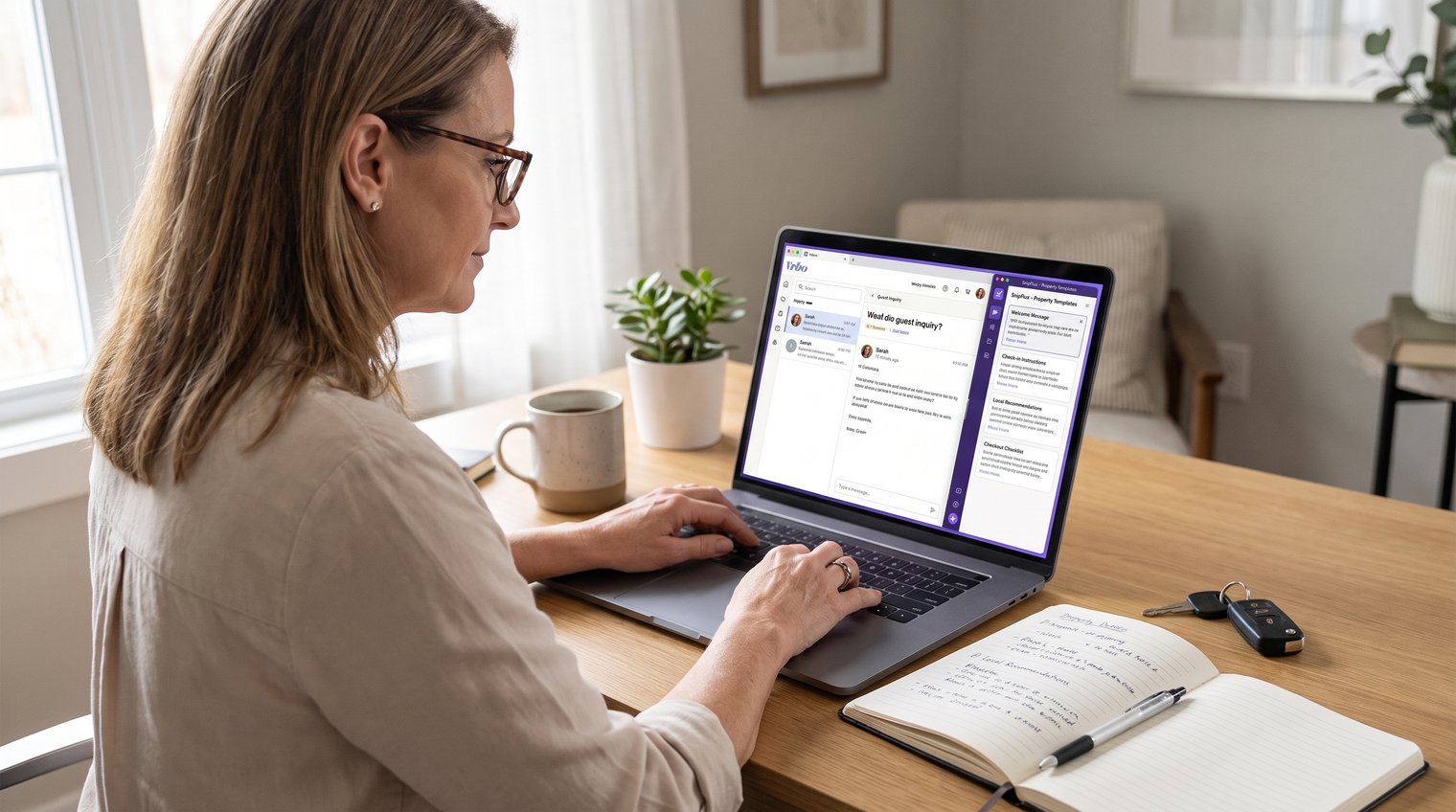 A vacation-rental host at a laptop reviewing a guest inquiry, with organized response snippets visible beside property notes