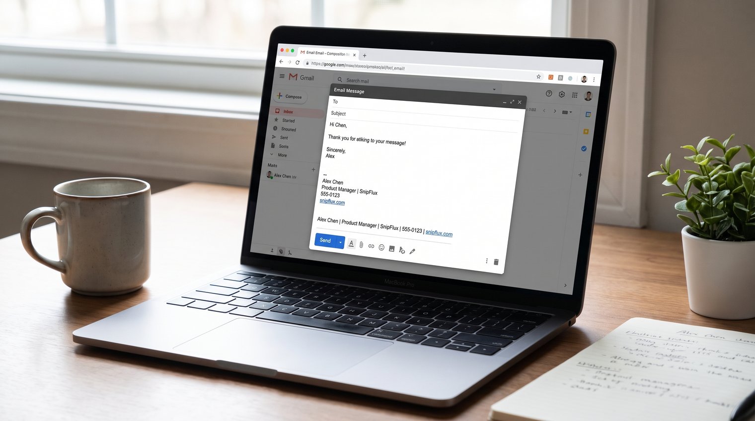 Clean professional email composition screen with a compact, readable Gmail-style signature containing name, role, company, phone, and website link; no visible brand logos