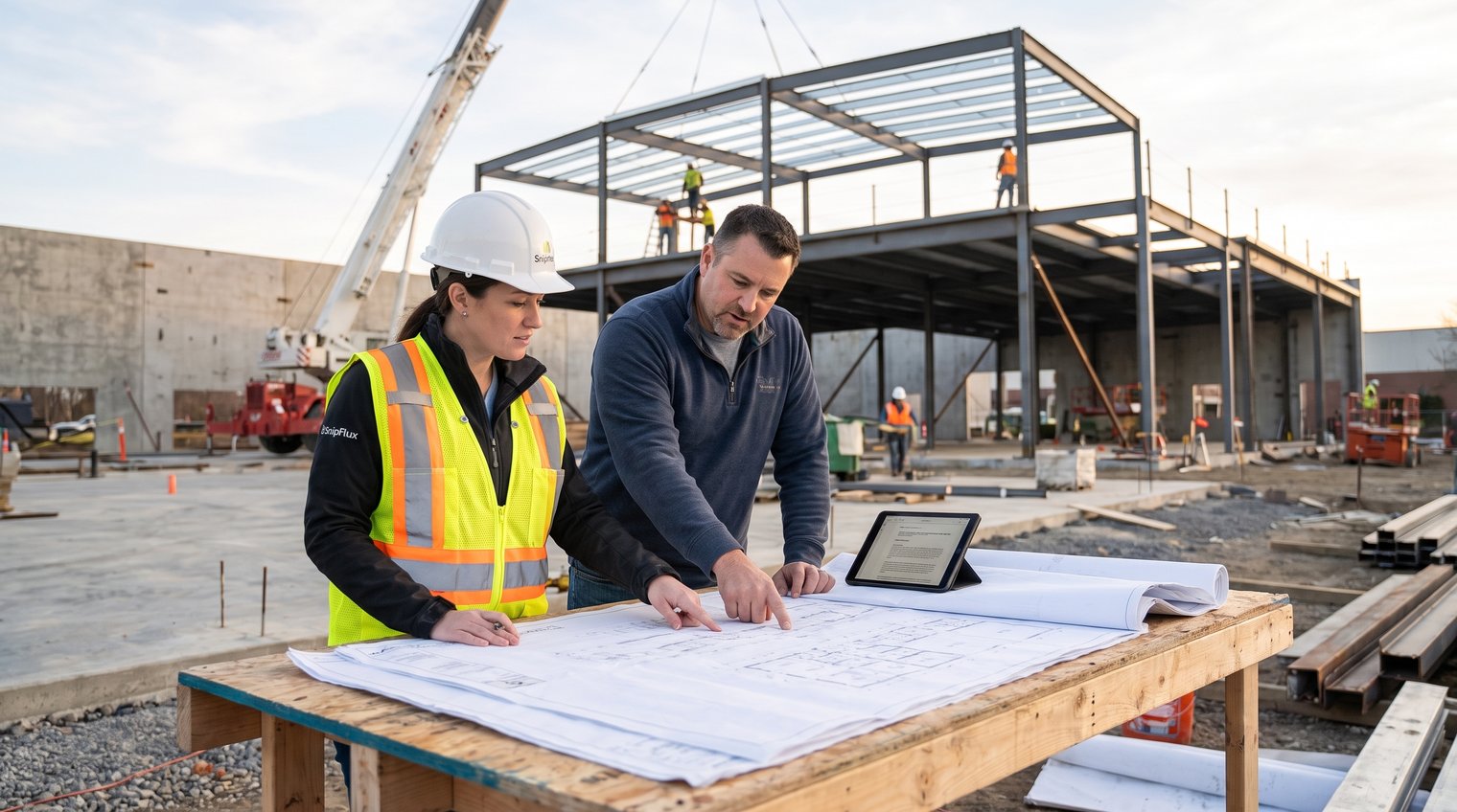Construction project manager reviewing site plans with superintendent on an active commercial jobsite