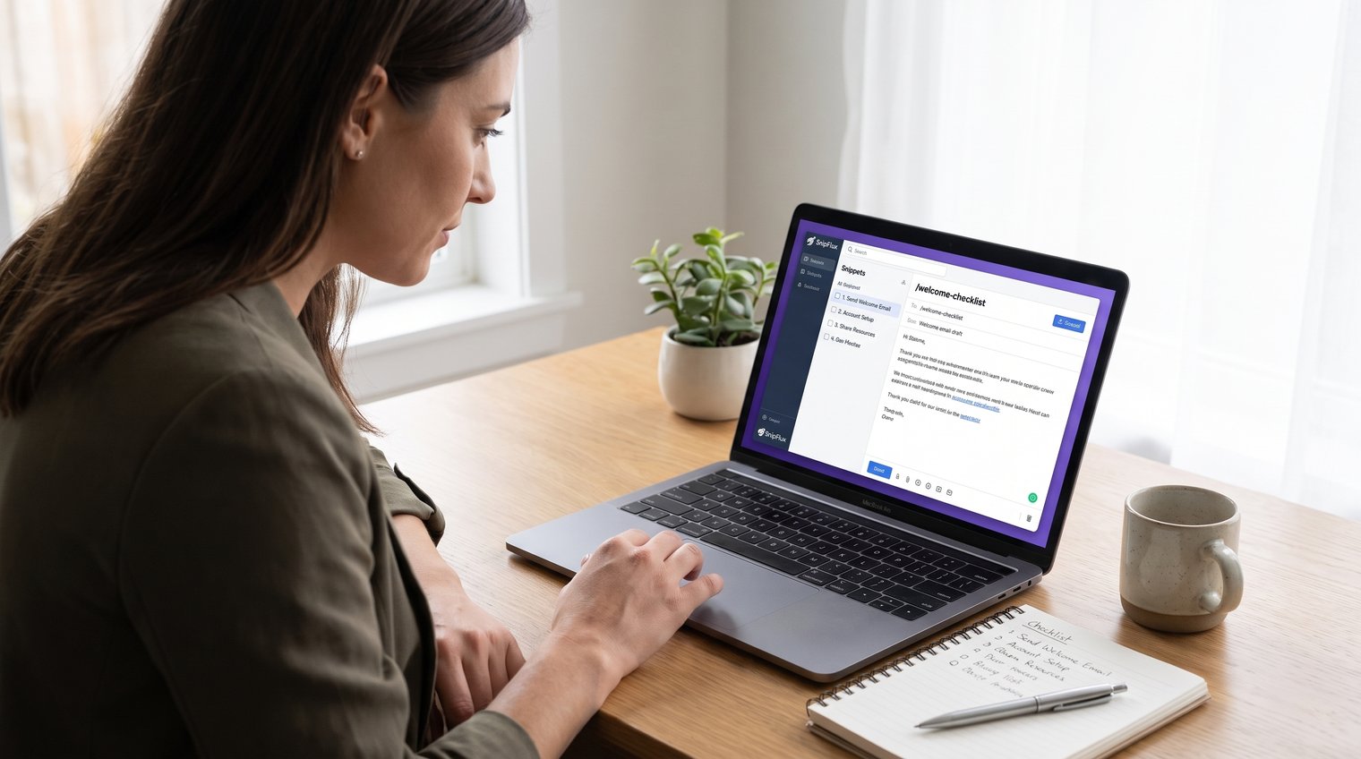 Customer success manager reviewing a simple onboarding checklist beside a welcome email on a laptop