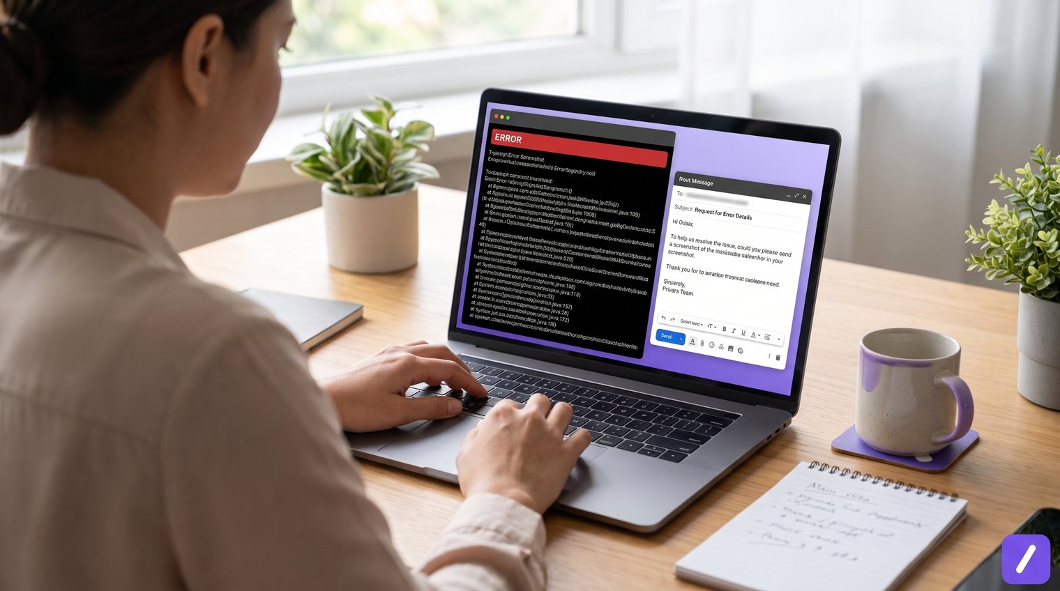 Customer support agent reviewing a full-screen error screenshot beside a clear, friendly evidence-request email on a laptop; realistic SaaS support workspace; no readable brand names or UI text