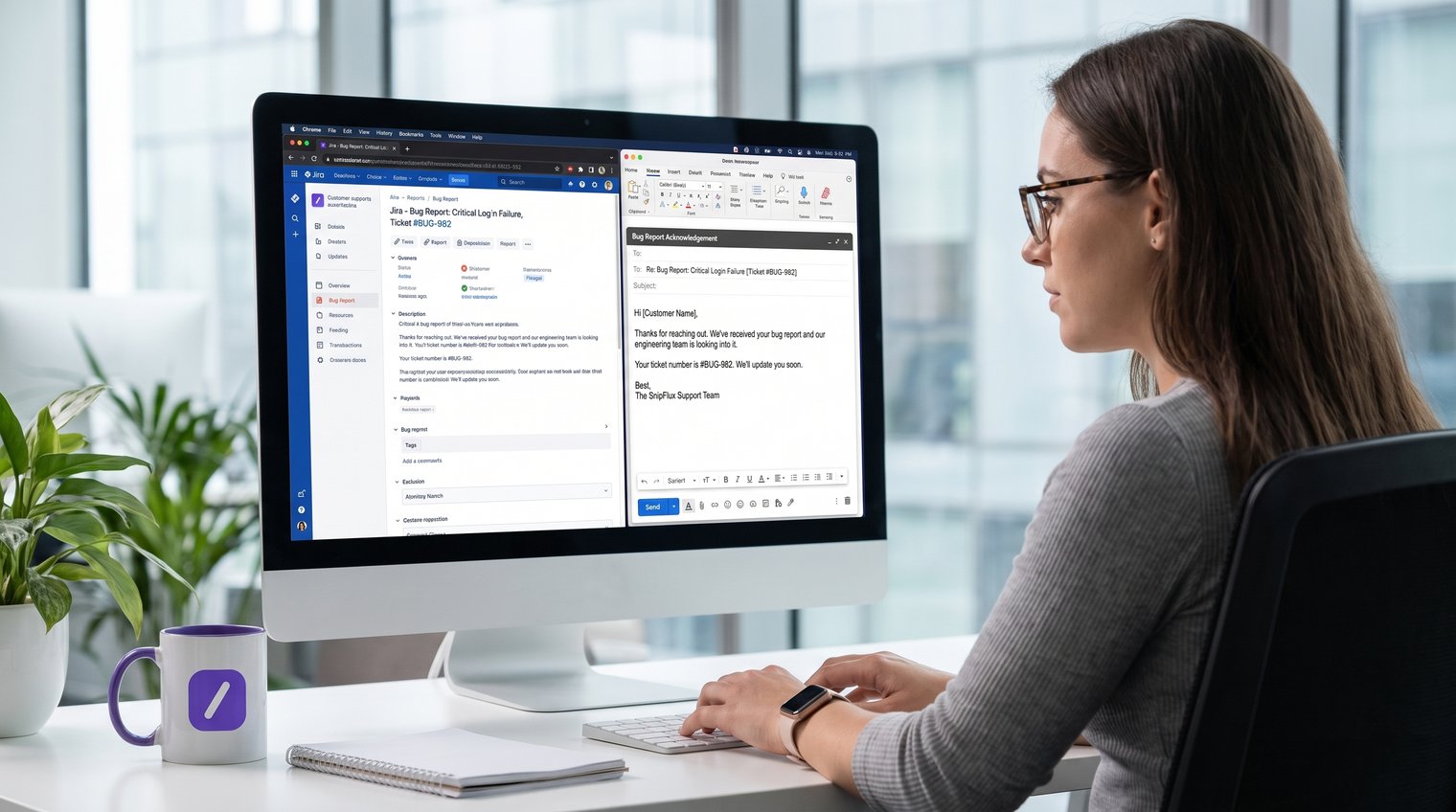 Customer support specialist reviewing a bug report alongside a clear ticket acknowledgement email on a desktop screen, professional SaaS support setting, realistic editorial photography