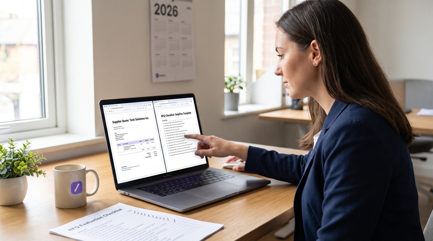 Procurement specialist reviewing a concise supplier quote beside an RFQ checklist on a laptop, realistic B2B office setting