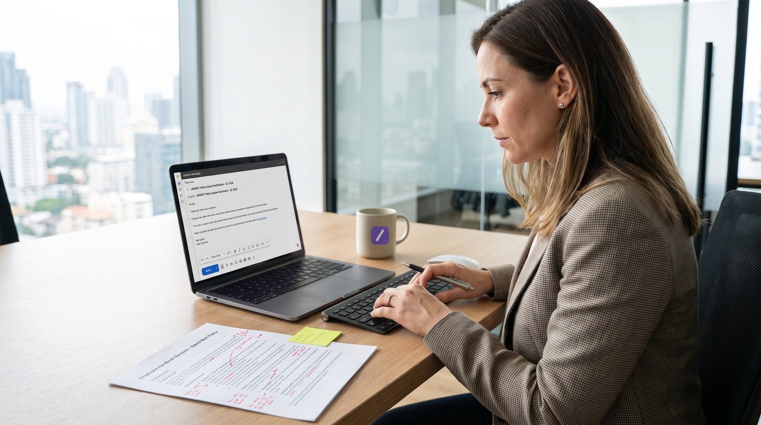 Professional operations manager reviewing a policy-change email draft beside a marked-up document, clean modern office setting