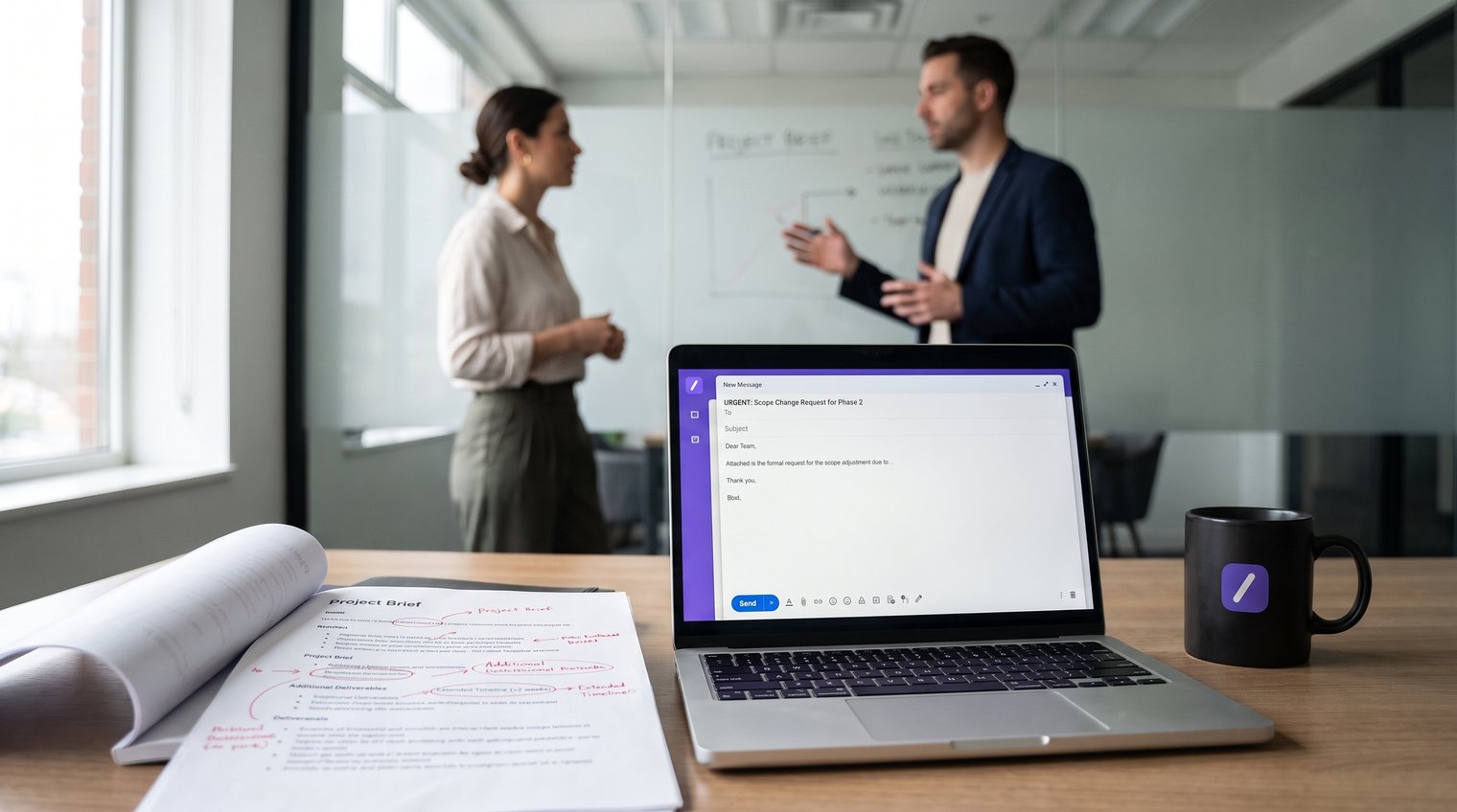 Project manager reviewing a marked-up project brief beside a concise approval email on a laptop, with a stakeholder discussion in the background