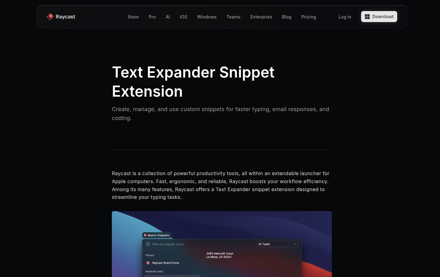 Raycast: Snippets feature page showing shortcut-triggered text expansion or snippet management