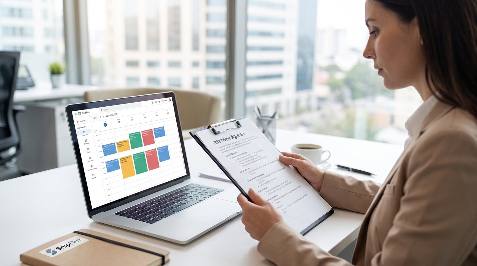 Recruiter reviewing a clear interview agenda beside a laptop calendar, candidate-focused professional workplace scene