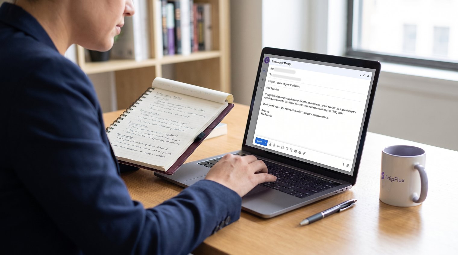 Recruiter reviewing candidate interview notes while drafting a thoughtful update email at a desk