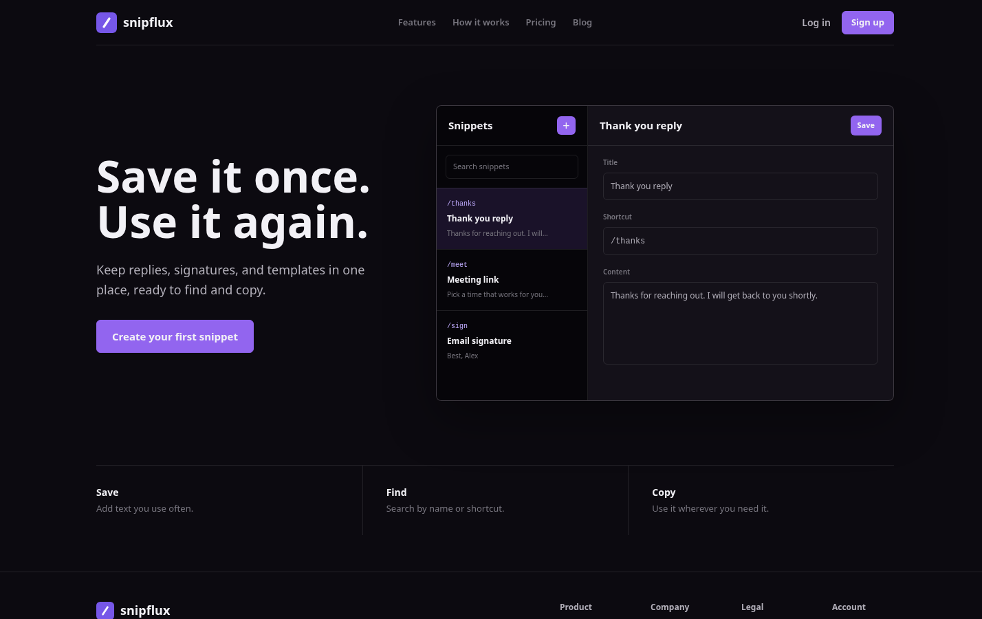 Snipflux: Template or snippet organization interface showing how reusable replies, signatures, or message blocks can be stored and retrieved