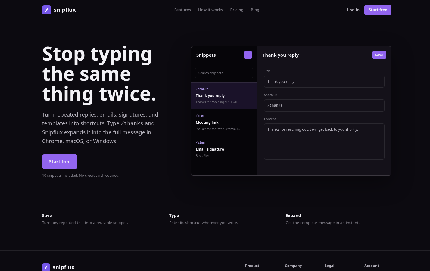 Snipflux: Product interface or public feature content showing saving, organizing, and quickly copying reusable text snippets