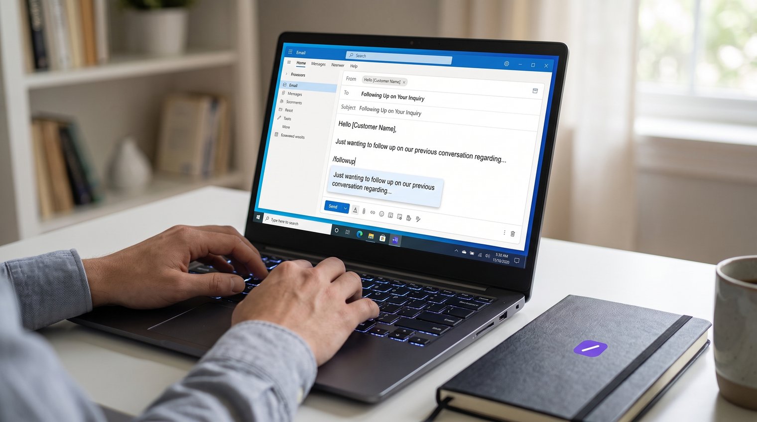 Windows professional typing /followup into a customer email and seeing a polished saved reply expand in place