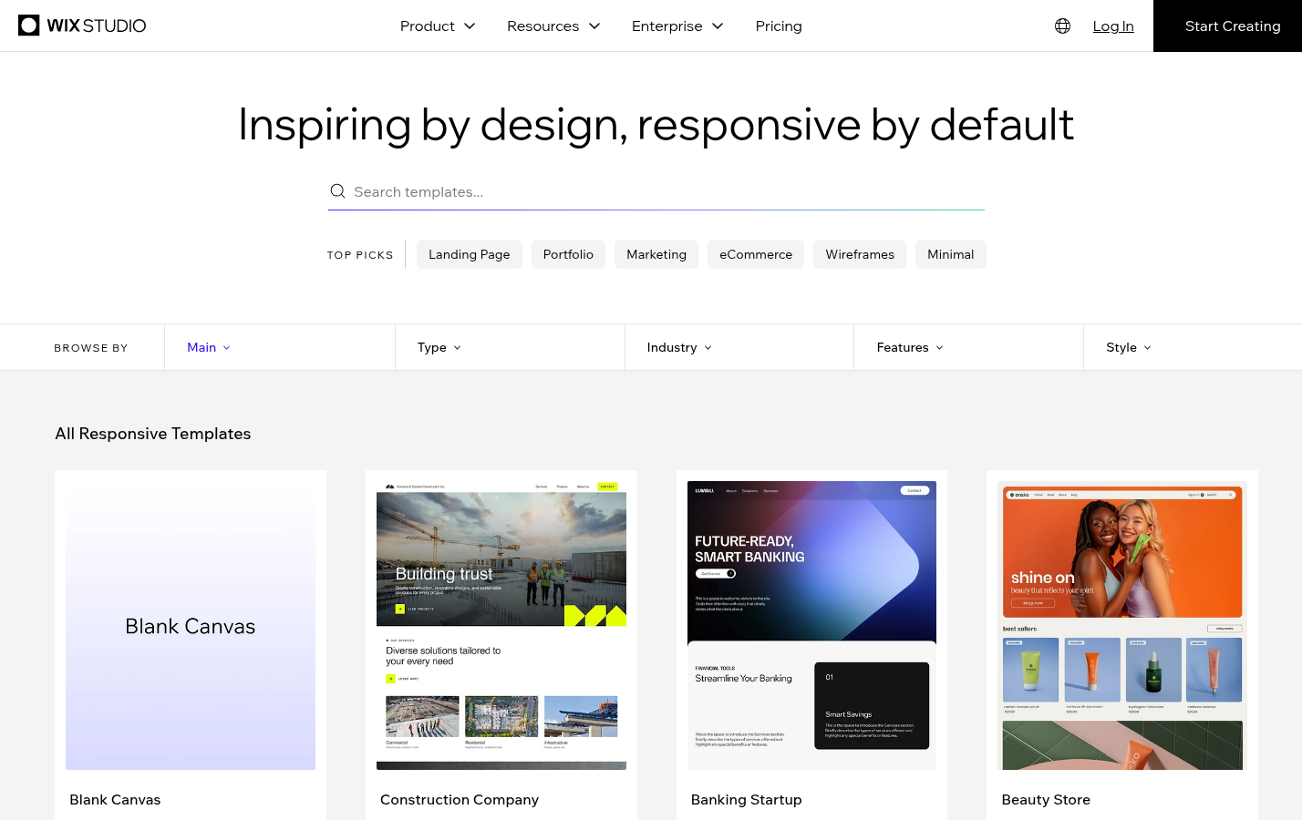 Wix: Wix Studio template browsing interface with category filters and template cards visible