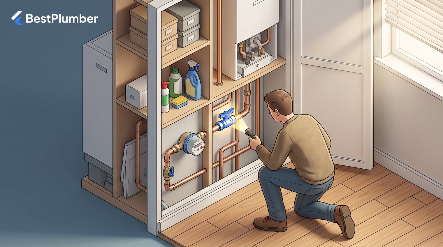 A UK homeowner in a utility cupboard locating a clearly visible internal stopcock near a water meter pipe, practical natural lighting