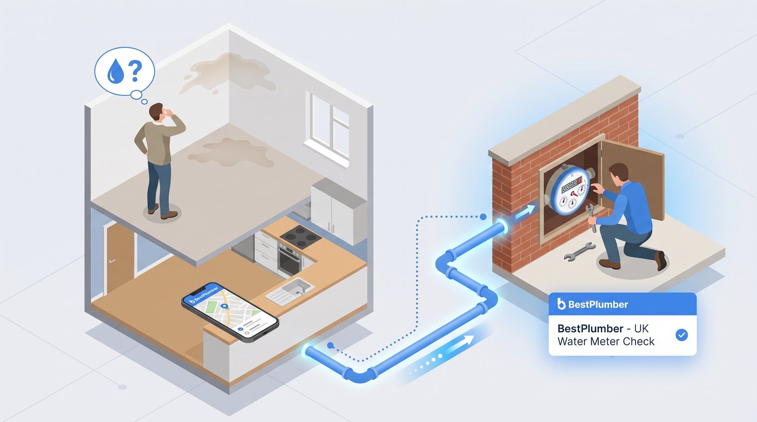 A UK homeowner noticing a faint brown ceiling stain and checking a water meter, realistic editorial home-maintenance scene