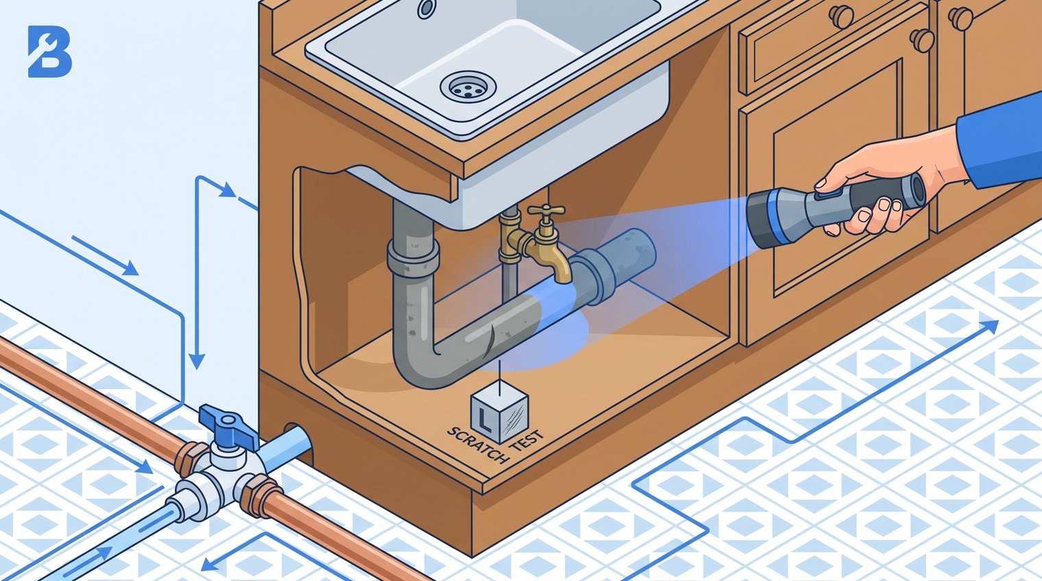 A UK homeowner using a torch to inspect the incoming water pipe and internal stop tap beneath a kitchen sink in an older house, clear view of the pipe materials, editorial documentary style