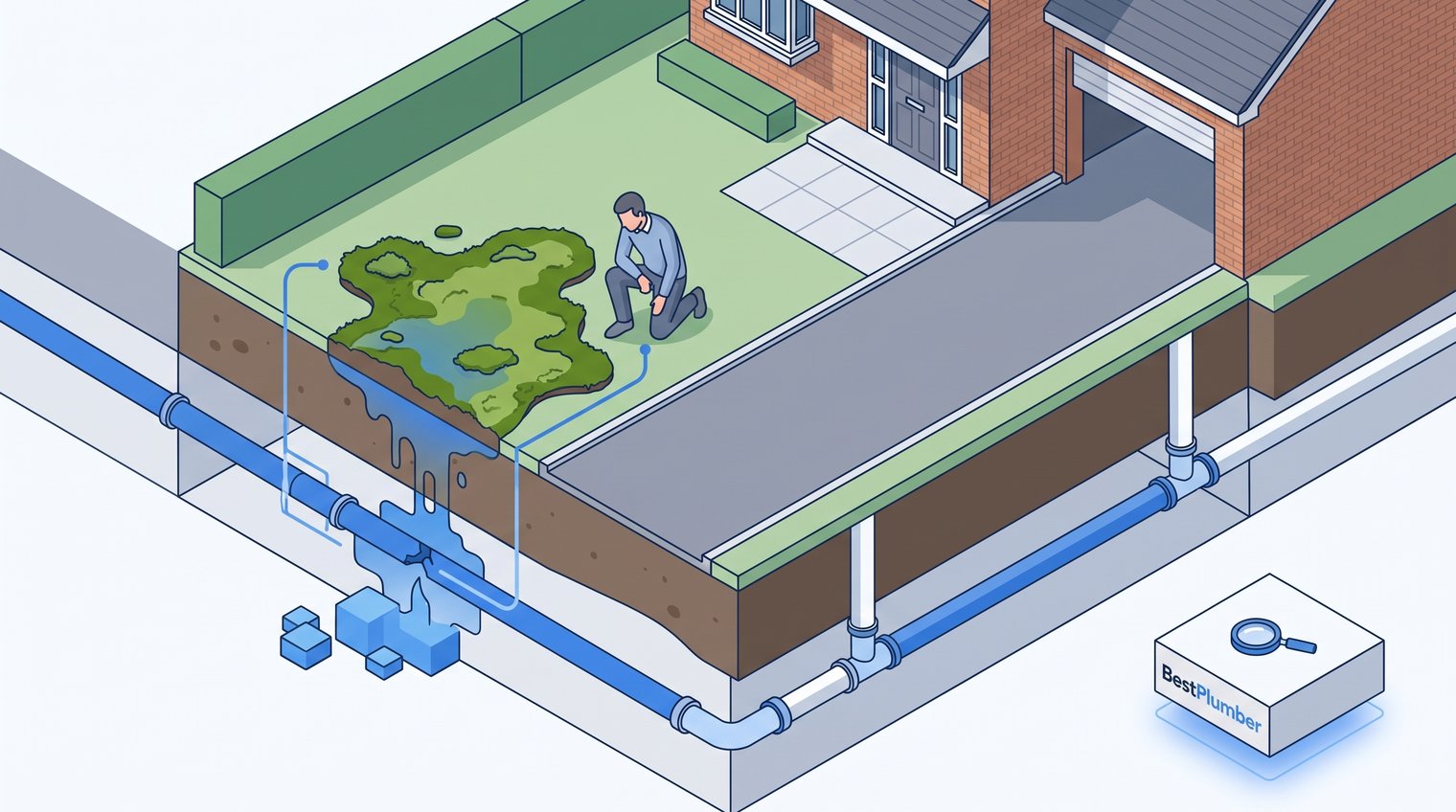 Close-up of an unusually green wet patch beside a UK home's driveway, with a homeowner inspecting the ground, realistic editorial scene