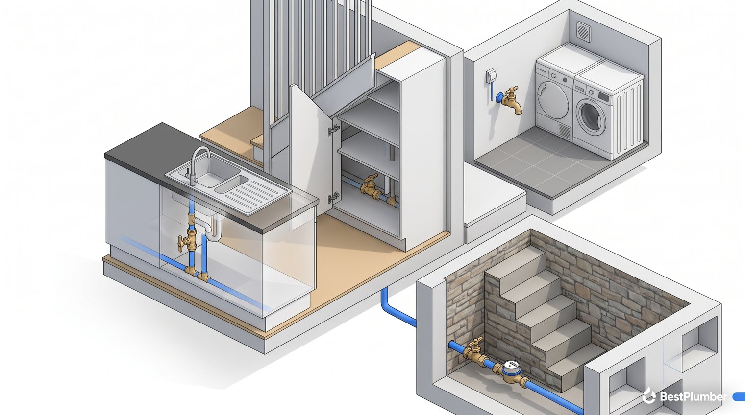 Cutaway-style practical scene of a UK home showing likely internal stopcock locations under a kitchen sink, in an under-stairs cupboard, utility room, and cellar, no labels