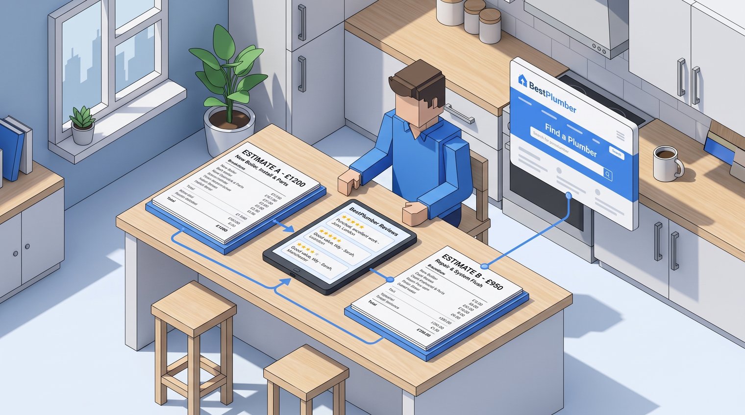 homeowner comparing two written plumber estimates and recent review details at a kitchen table