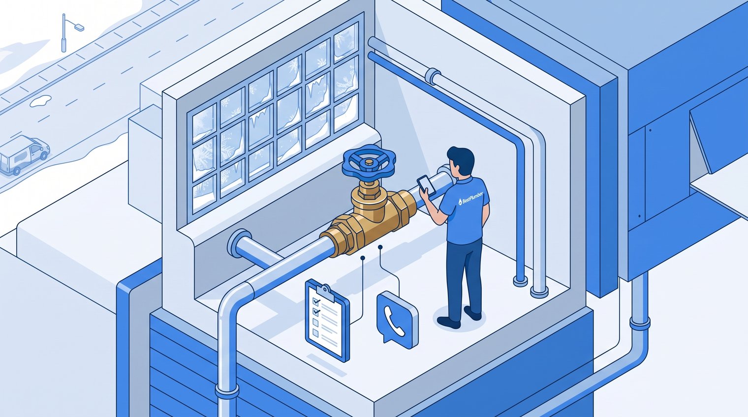Homeowner in a utility room making a phone call beside an accessible stop valve, with a cold-weather window visible, realistic editorial photo