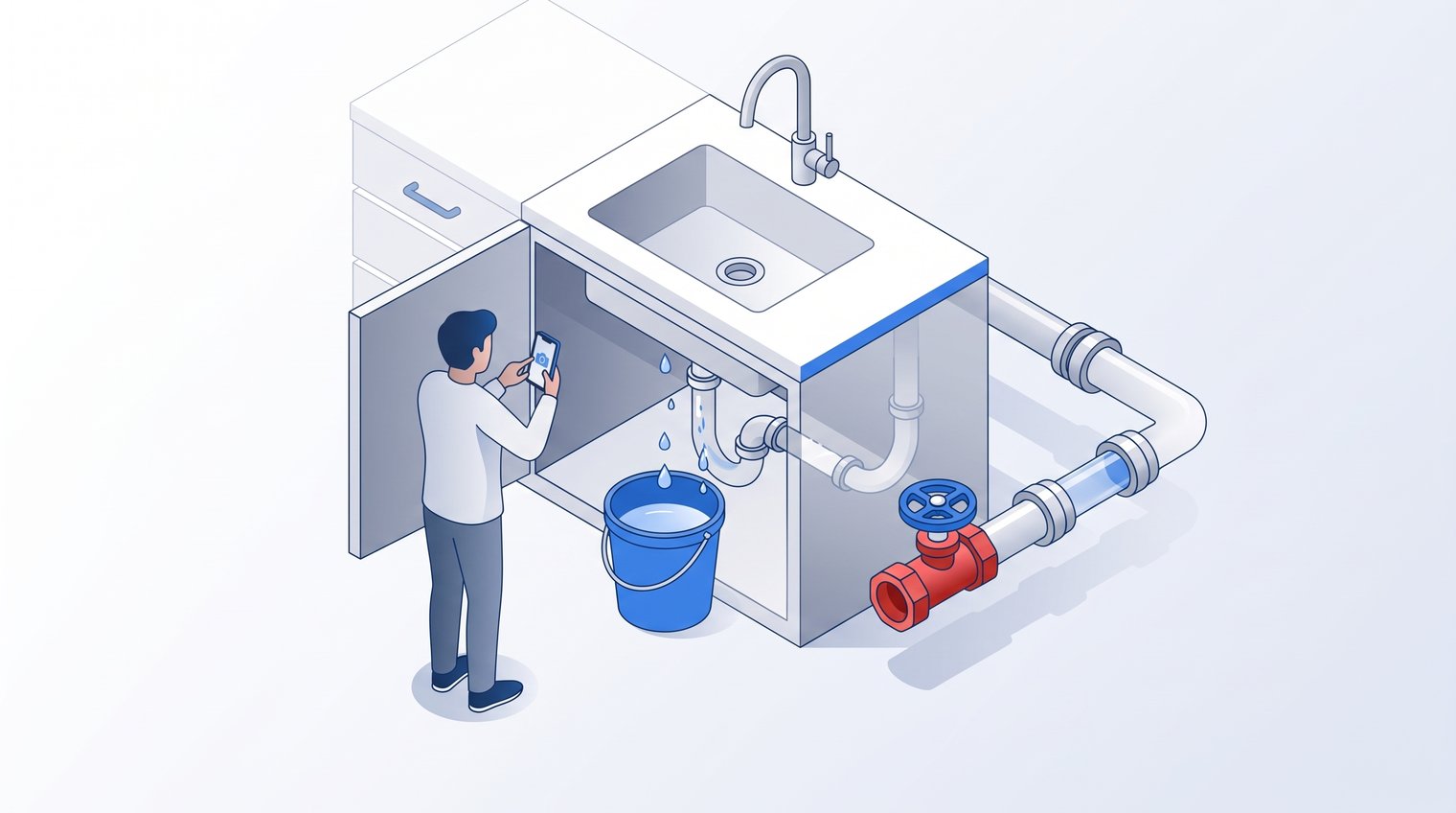 Homeowner photographing a recurring leak under a kitchen sink while a bucket catches drips and the water supply valve is visible
