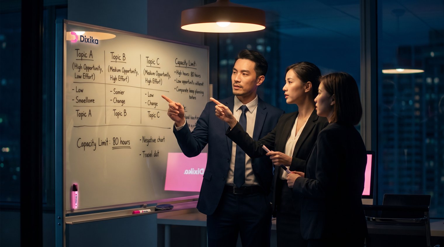 A content and SEO team around a planning board comparing topic opportunities, effort estimates, and capacity limits
