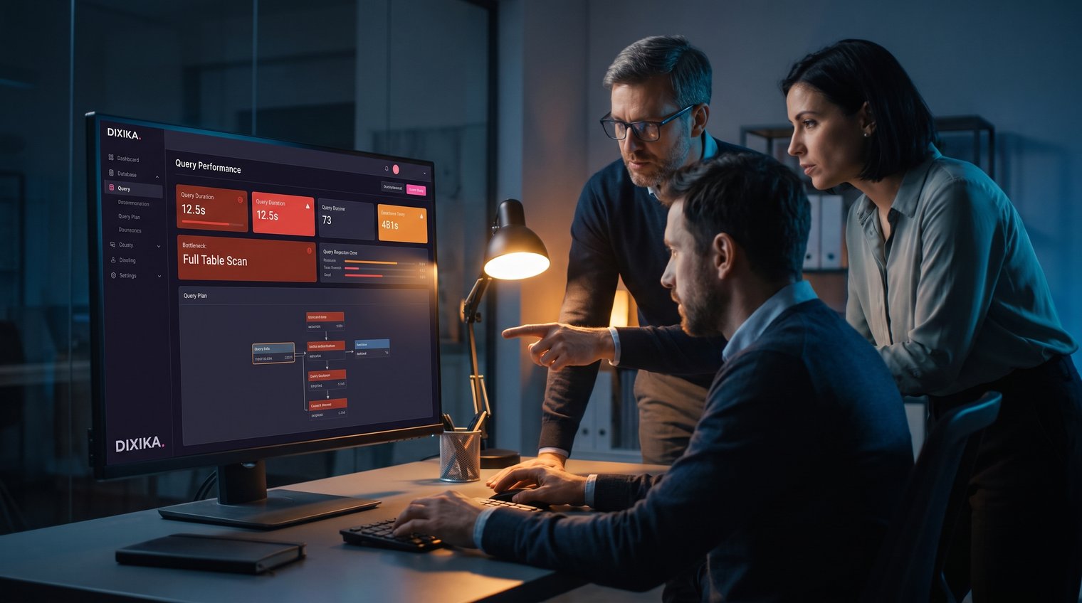 A growth team reviewing a slow analytics dashboard, with database query timing and bottleneck indicators visible on a shared screen