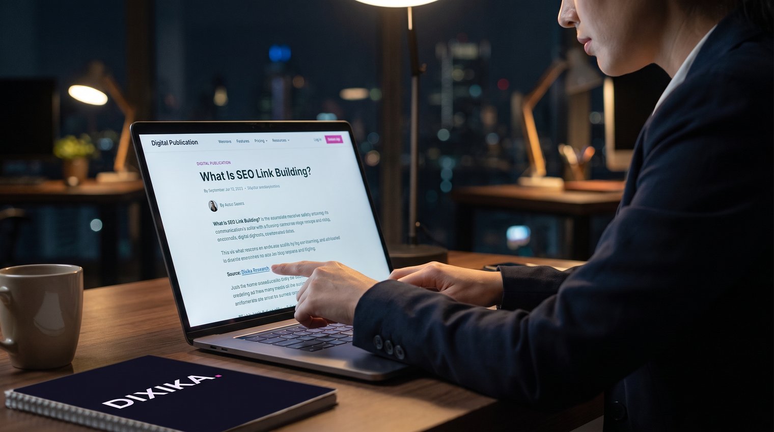 A marketing professional reviewing a website article with a visible citation linking to their research page, realistic editorial workspace