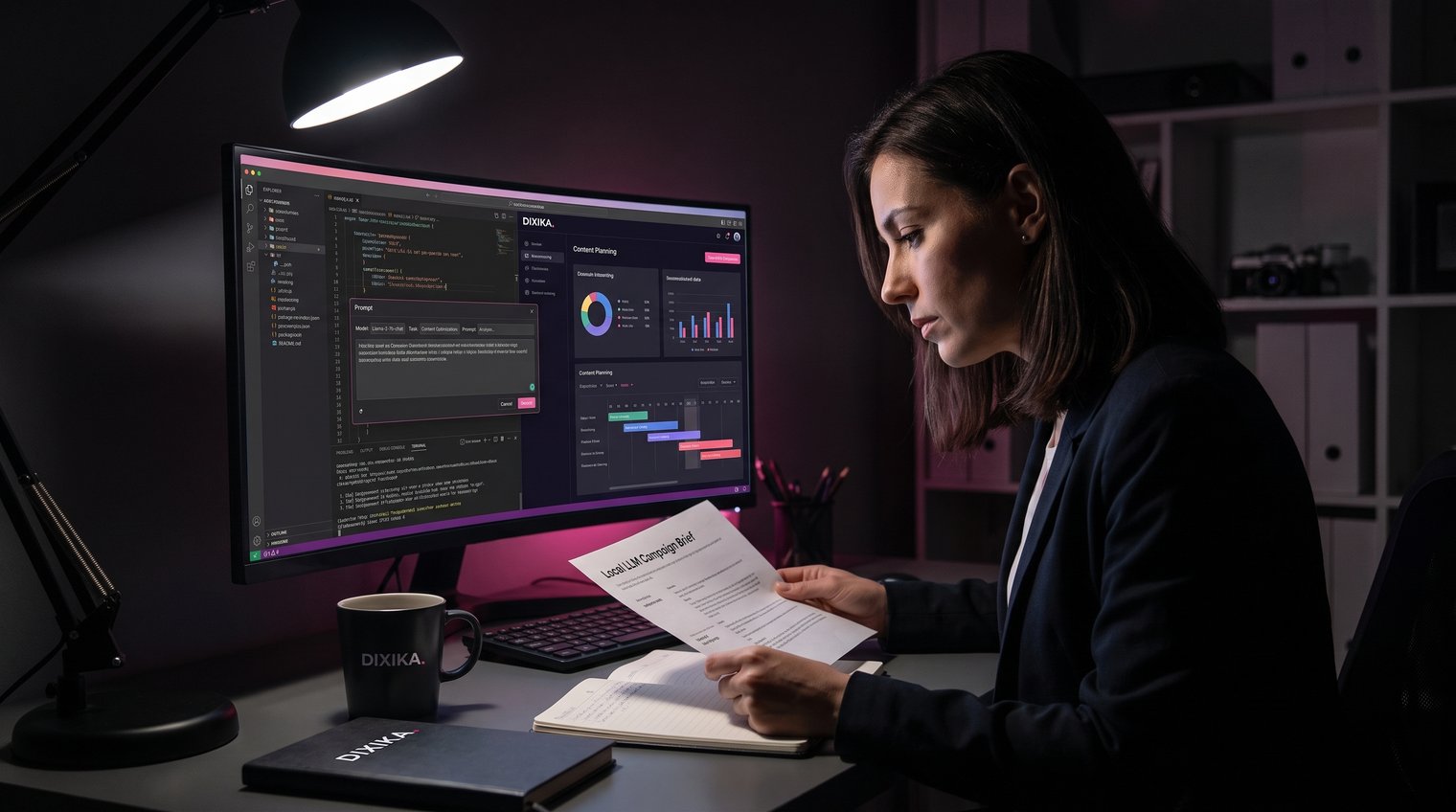 A marketing strategist reviewing a campaign brief beside a private local AI workspace on a desktop monitor, with abstract data and content planning elements