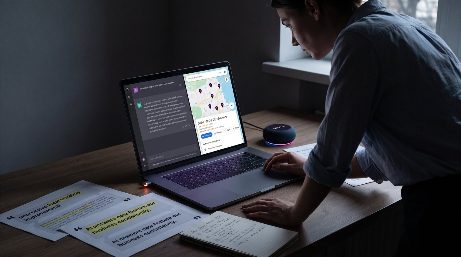A marketing strategist reviewing AI search responses alongside a map, customer review excerpts, and a local business profile on a laptop