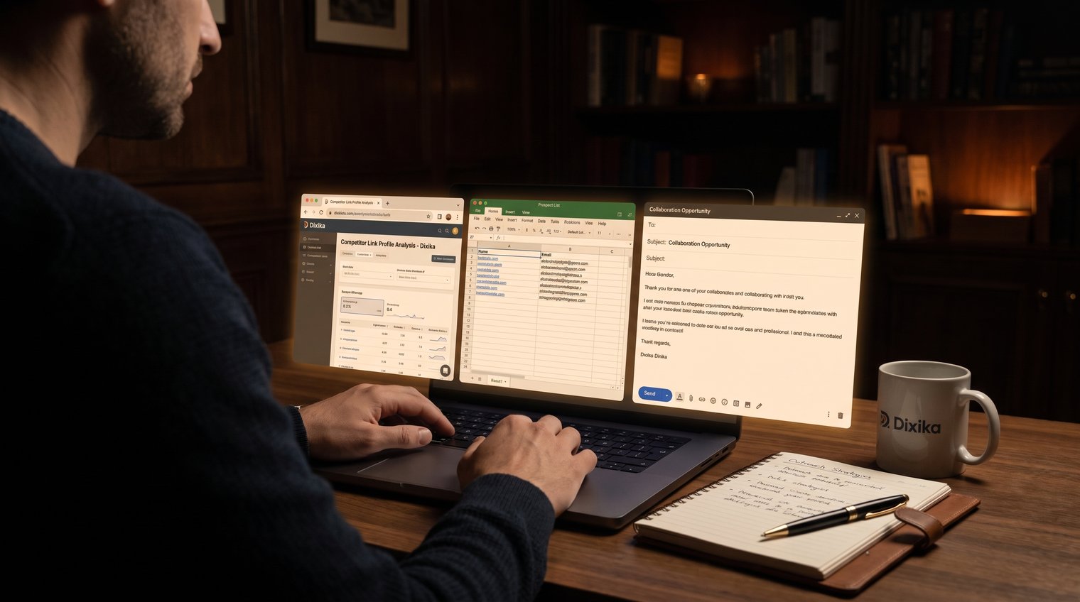 A small business owner planning a focused outreach campaign with a research page, a short prospect list, and personalized email drafts on screen