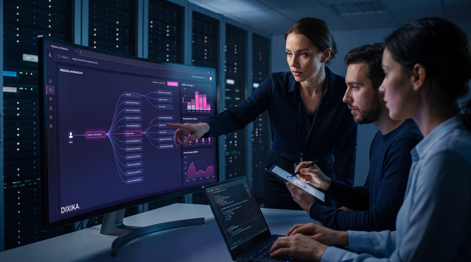 A technical SEO specialist reviewing crawl paths, index coverage, page templates, and performance metrics with a developer team