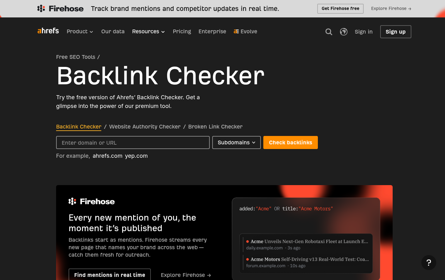 Screenshot of ahrefs.com - Capture the backlink-checker interface or explanatory feature content showing referring-domain and backlink analysis
