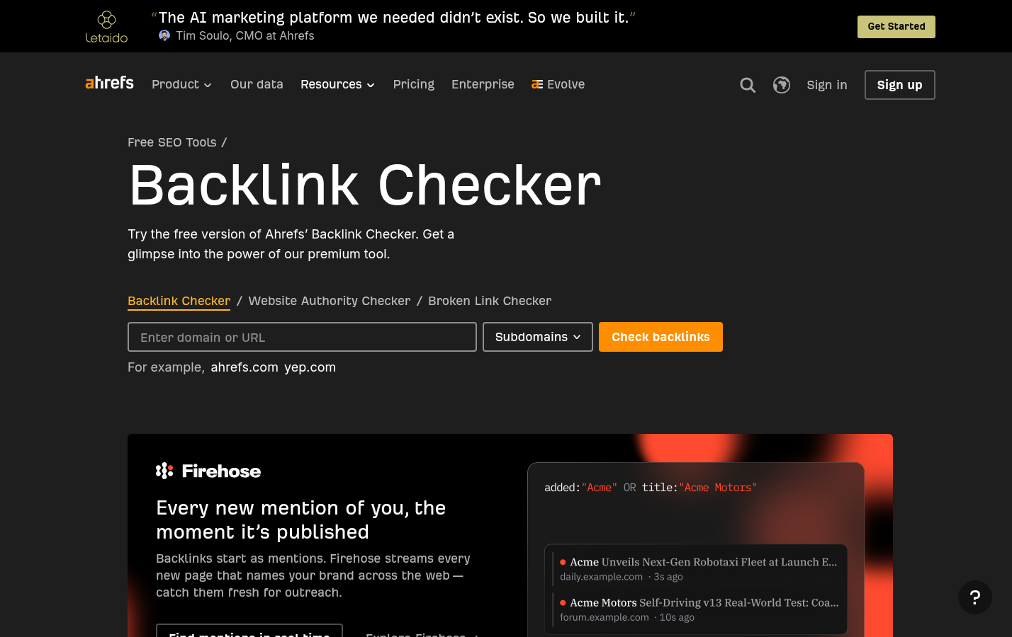 Ahrefs: Backlink-checking interface and explain how to use competitor referring domains as prospect research, not as a bulk outreach list